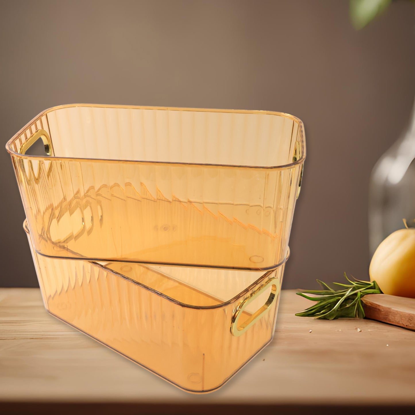 Premium Ribbed Transparent Storage Basket With Gold Handle (25x14cm 2 Pc)