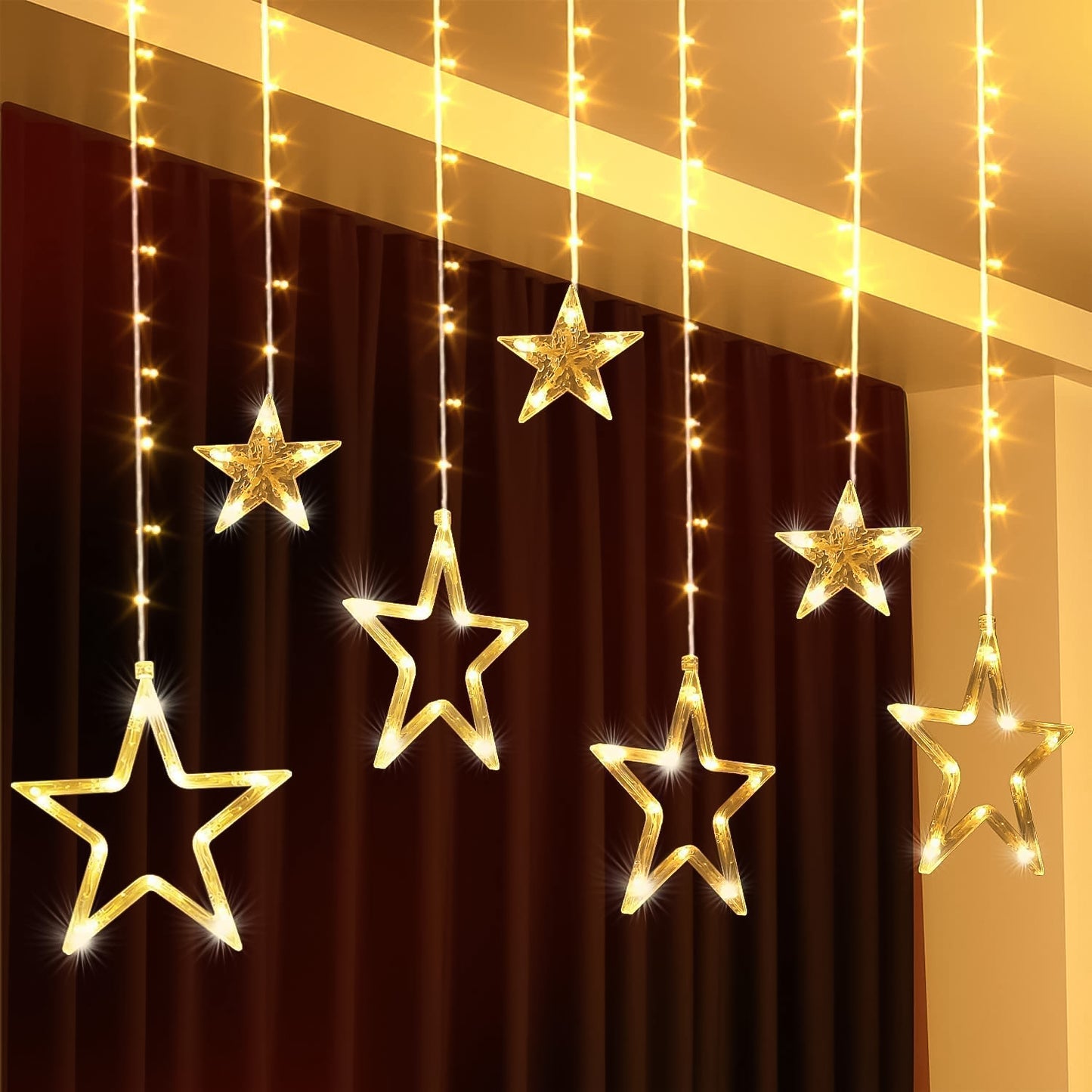 12 Stars Led Curtain String Lights With 8 Flashing Modes For Home Decoration (Warm White)