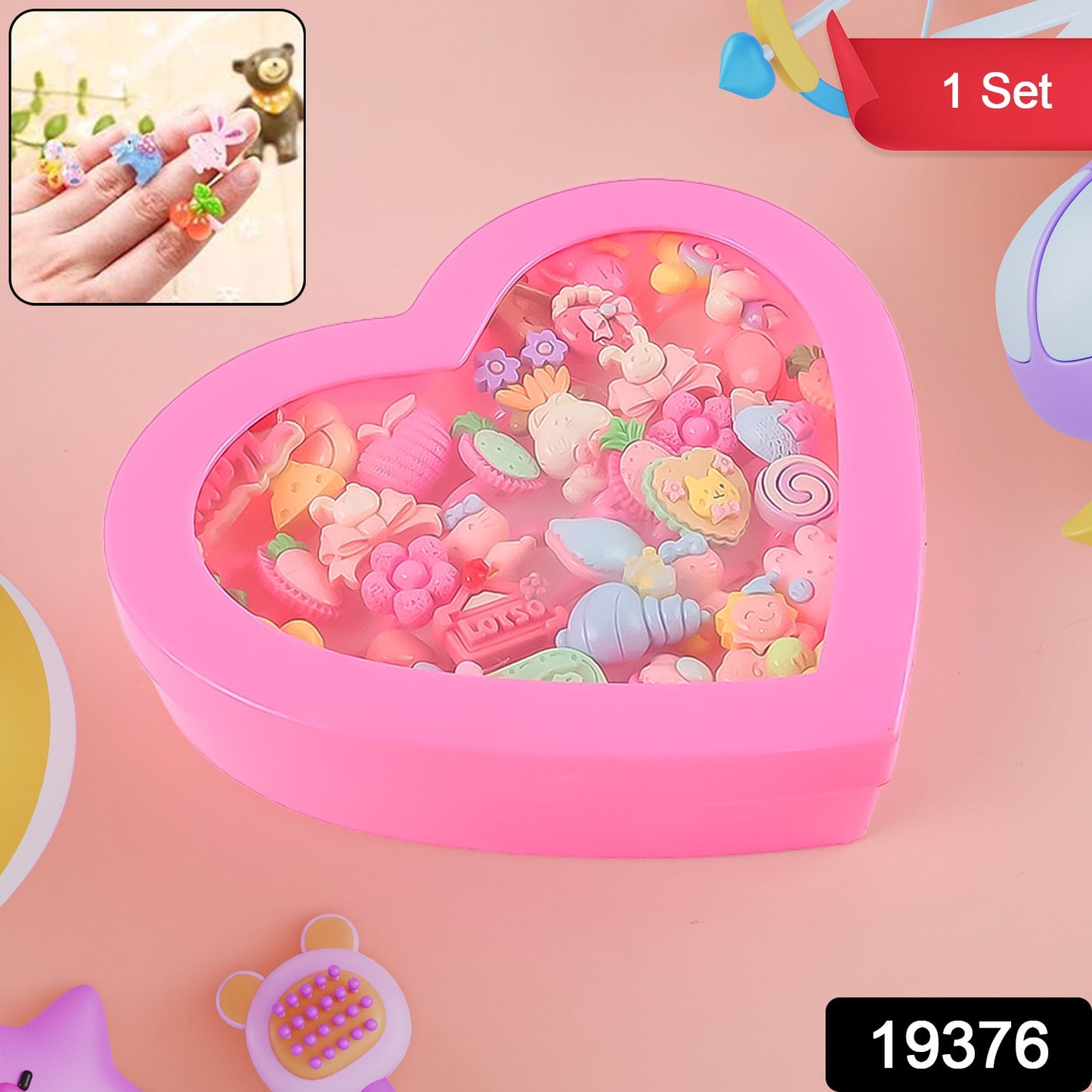 Adorable Playful Decorative Rings For Children In Heart Shaped Storage Box (35 Pcs Aprpox)