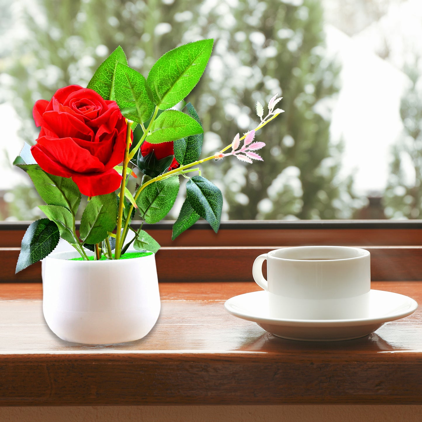 Artificial Rose Flower Plant With Pot For Home Office Or Gift