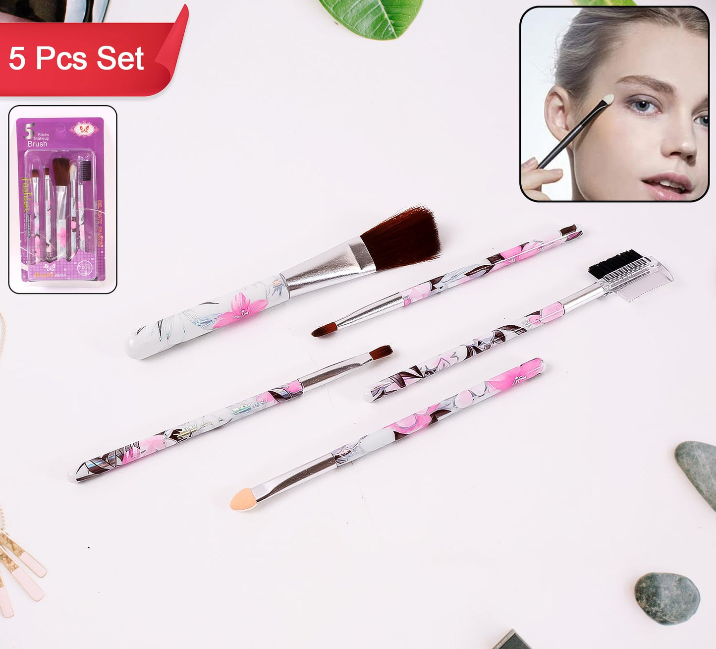 Floral Makeup Brush Set For Eyes Lips And Face (5 Pc)