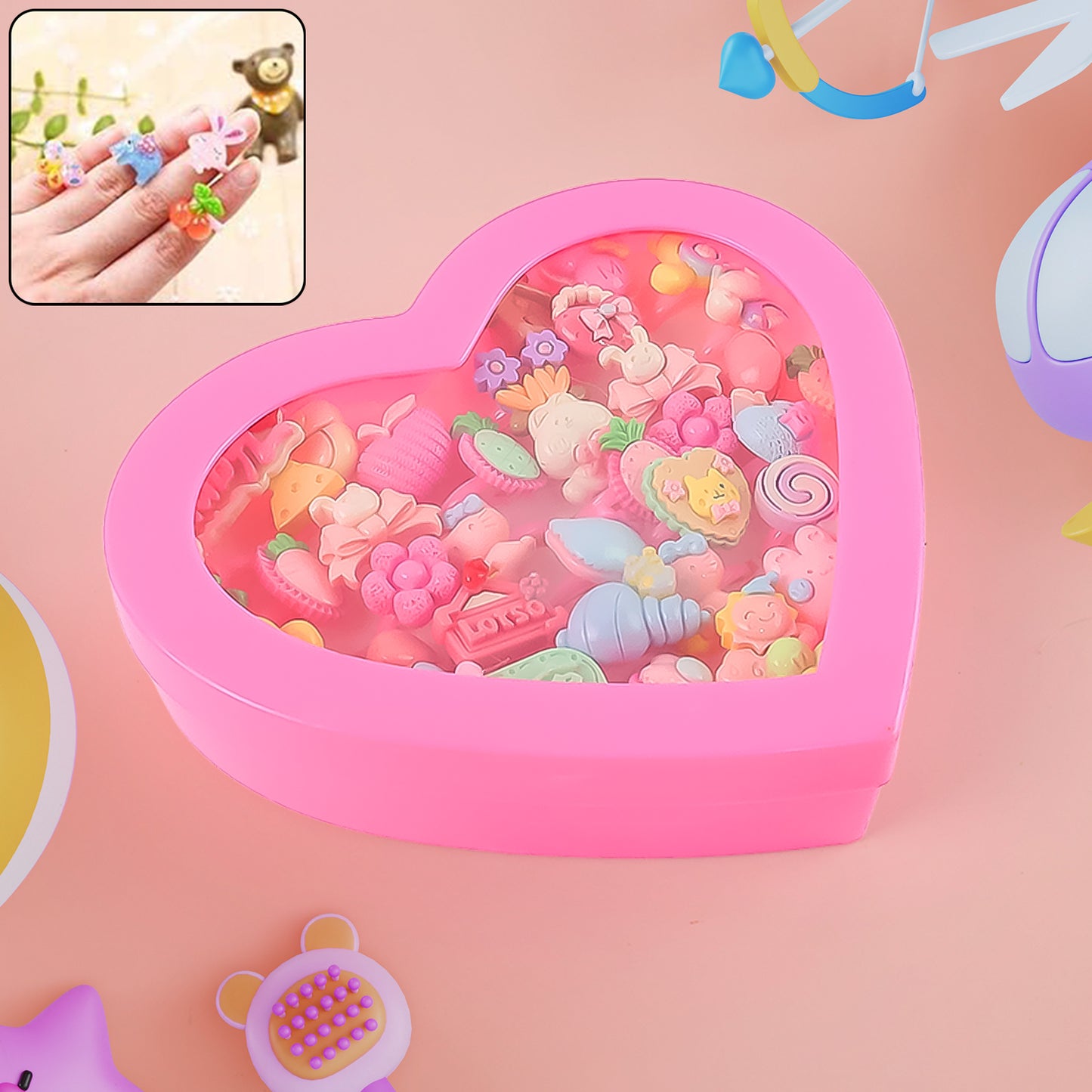 Adorable Playful Decorative Rings For Children In Heart Shaped Storage Box (35 Pcs Aprpox)