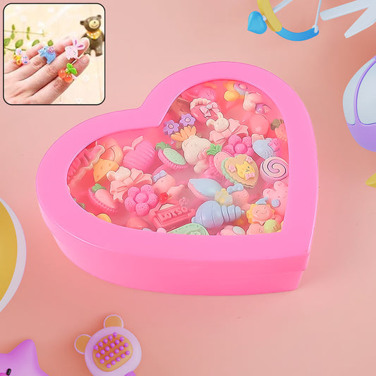 Adorable Playful Decorative Rings For Children In Heart Shaped Storage Box (35 Pcs Aprpox)