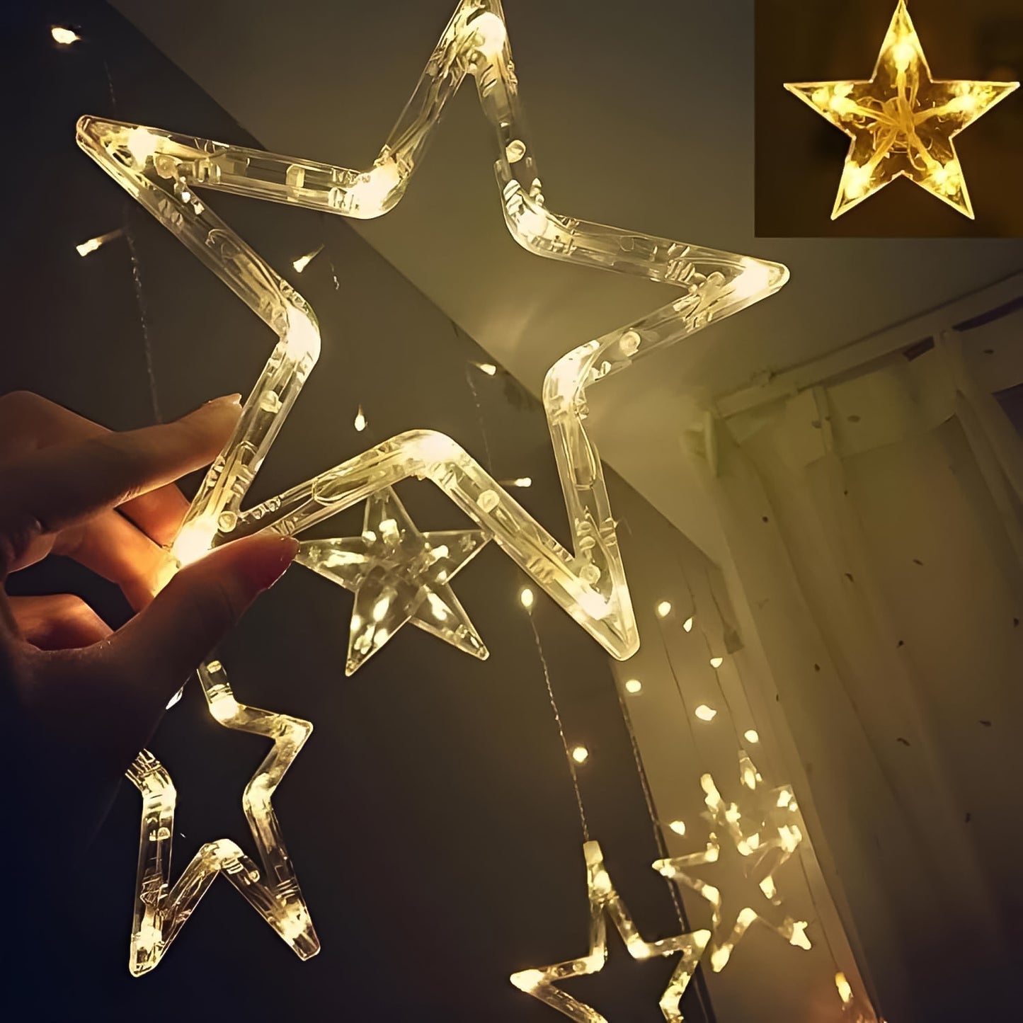 12 Stars Led Curtain String Lights With 8 Flashing Modes For Home Decoration (Warm White)