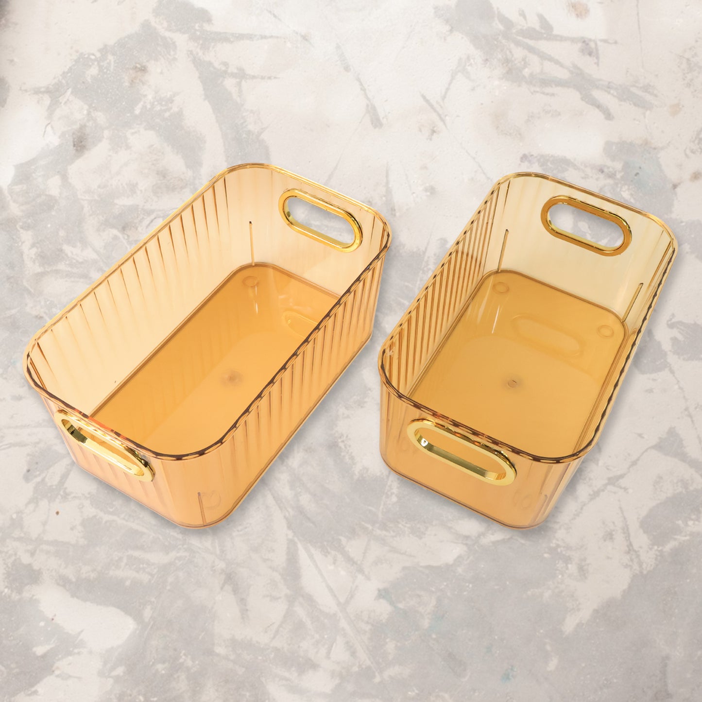 Premium Ribbed Transparent Storage Basket With Gold Handle (25x14cm 2 Pc)