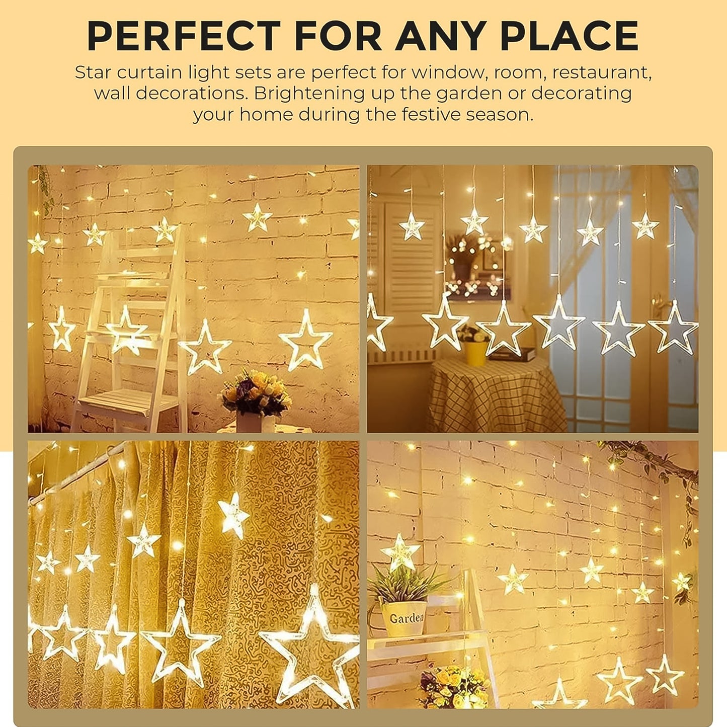 12 Stars Led Curtain String Lights With 8 Flashing Modes For Home Decoration (Warm White)