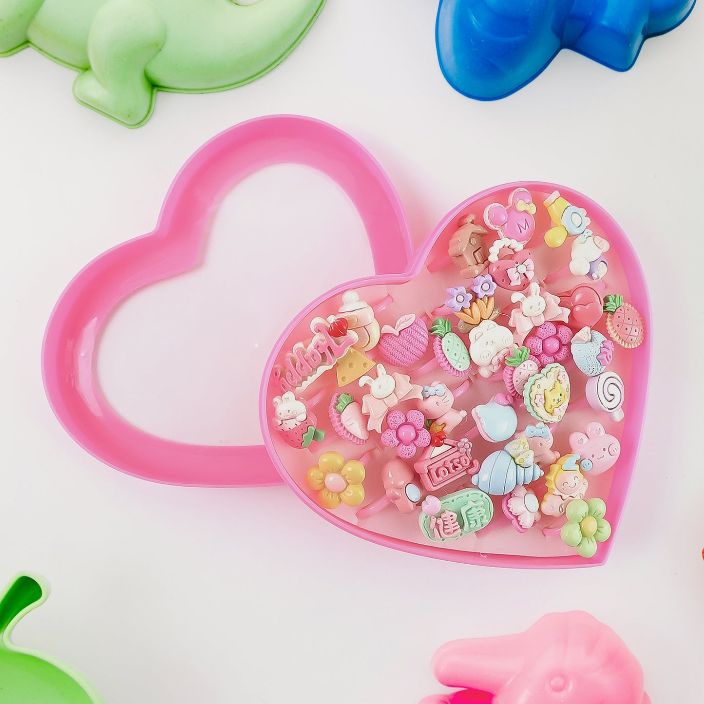 Adorable Playful Decorative Rings For Children In Heart Shaped Storage Box (35 Pcs Aprpox)