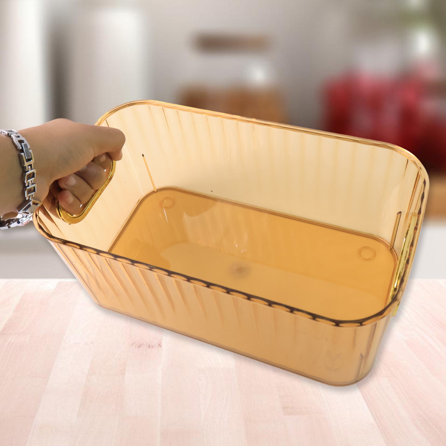 Premium Ribbed Transparent Storage Basket With Gold Handle (25x14cm 2 Pc)