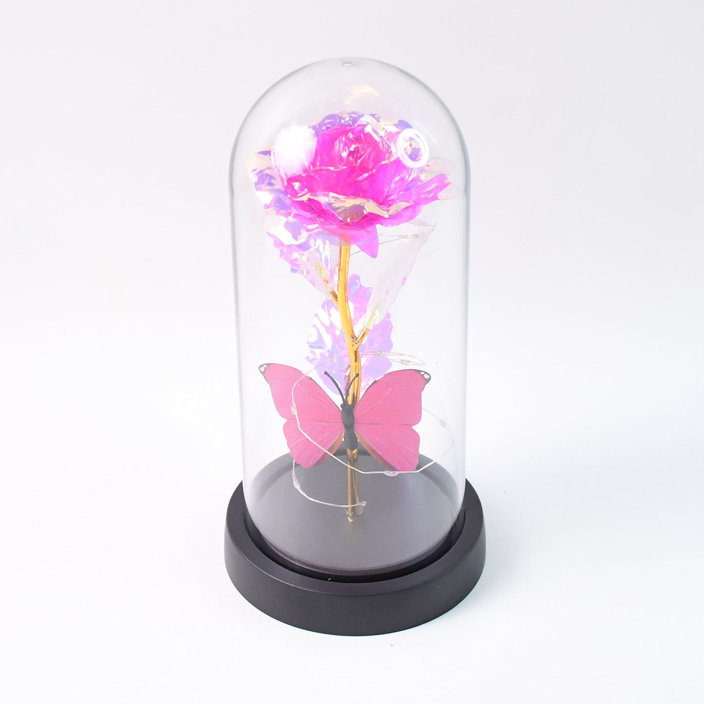 Led Decorative Rose With Butterfly In Transparent Plastic Dome (1 Pc Battery Not Included)