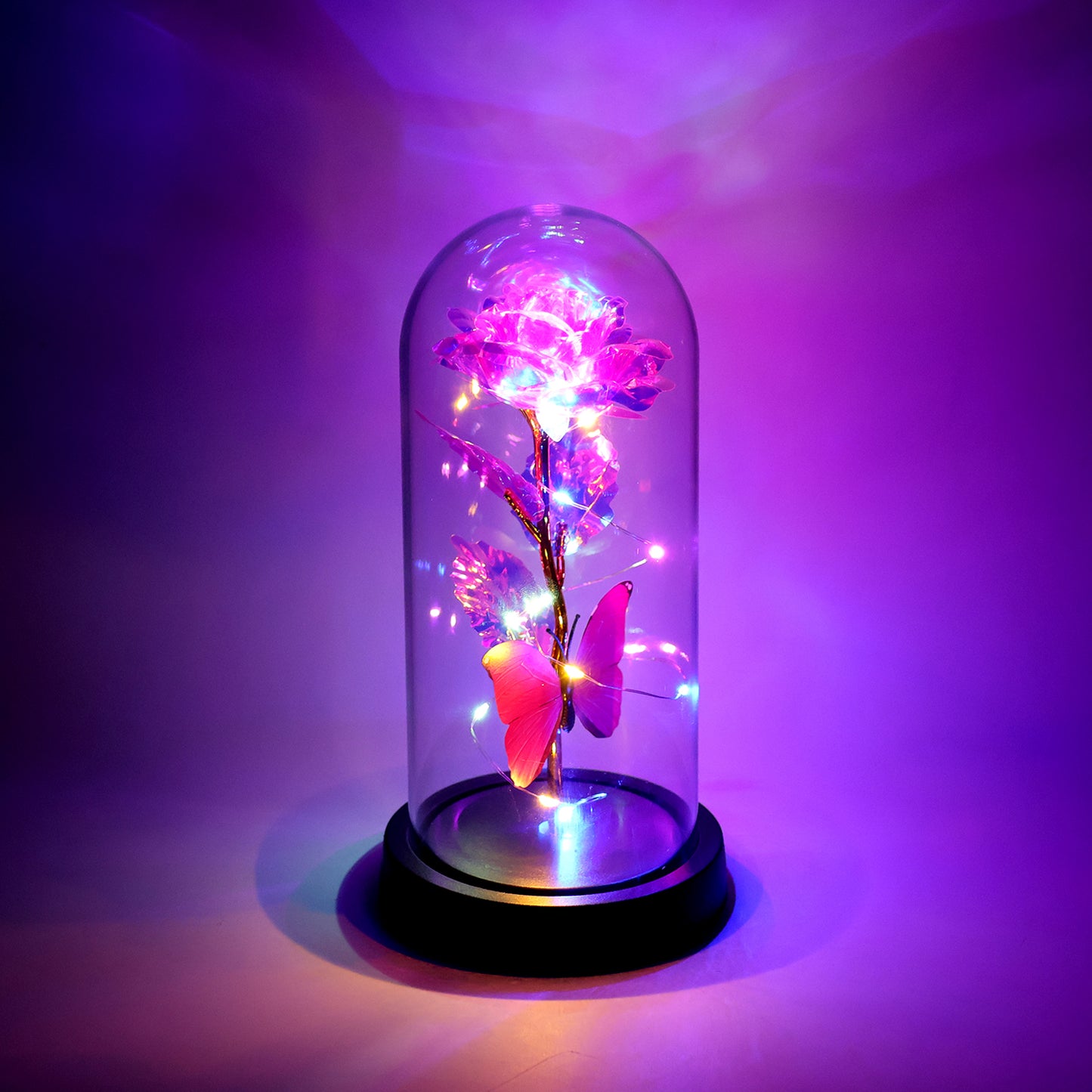 Led Decorative Rose With Butterfly In Transparent Plastic Dome (1 Pc Battery Not Included)