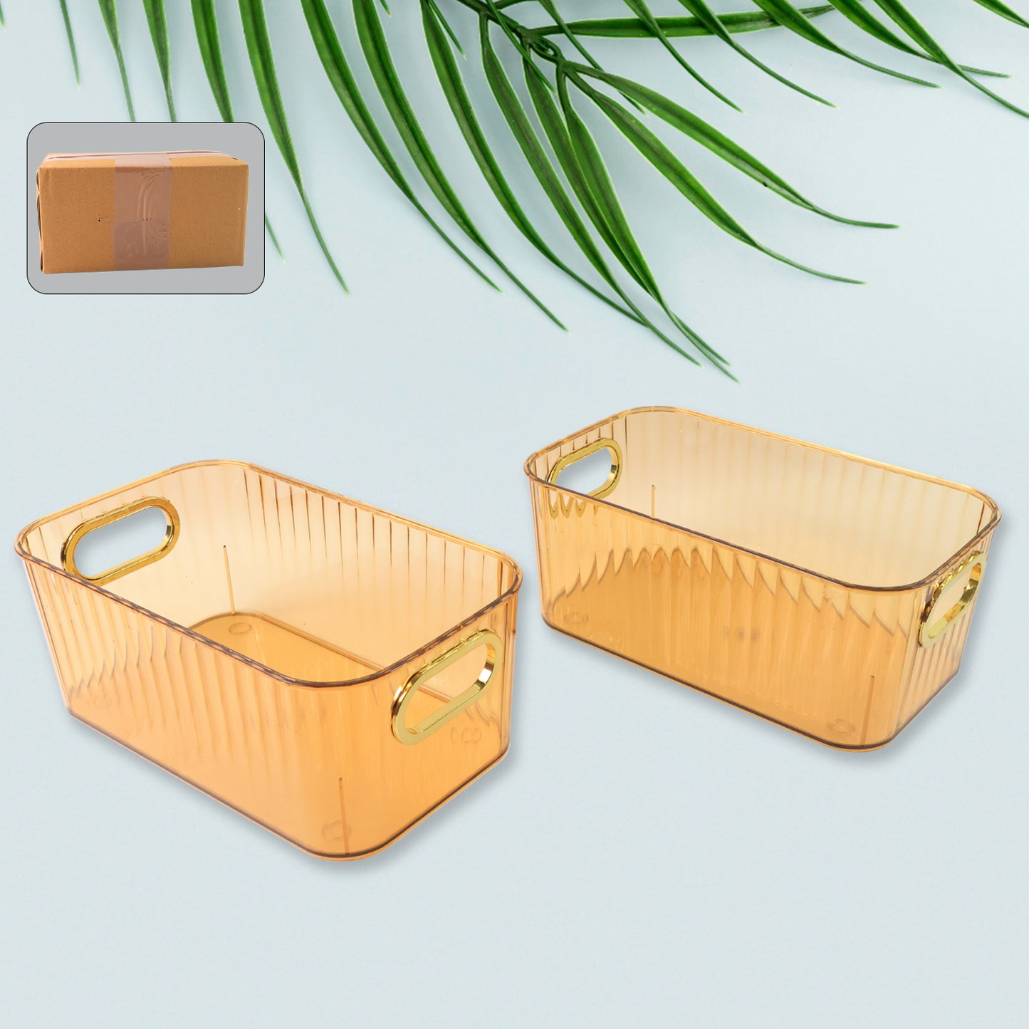 Premium Ribbed Transparent Storage Basket With Gold Handle (25x14cm 2 Pc)