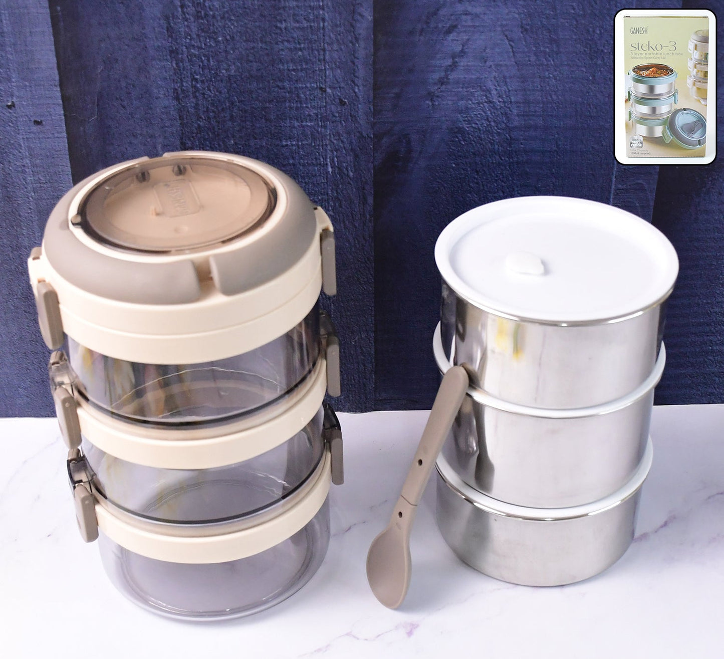 Ganesh Steko-3 Triple Layer Stainless Steel Insulated Lunch Box Set