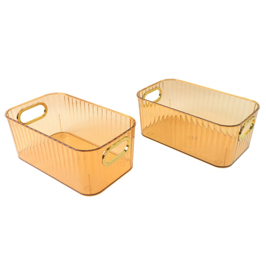 Premium Ribbed Transparent Storage Basket With Gold Handle (25x14cm 2 Pc)