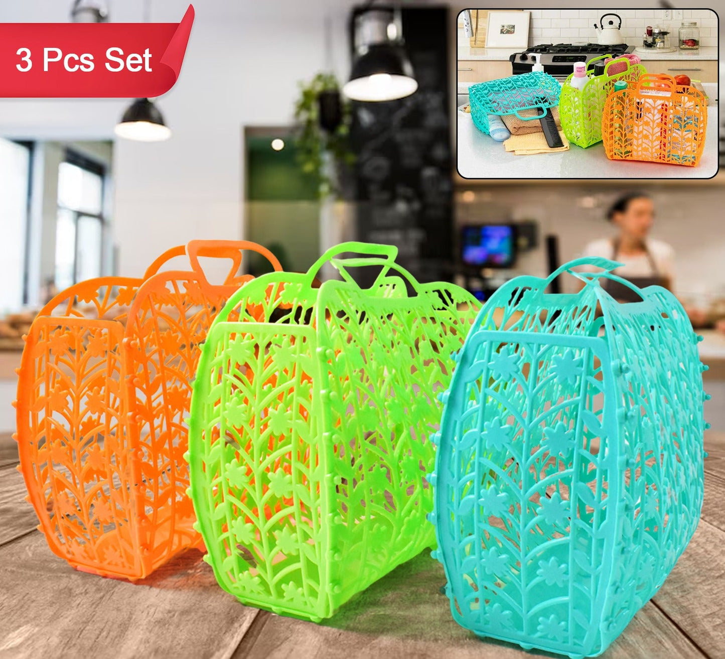 Plastic Foldable Basket Bag Fruit Vegetable Storage Basket (3 Pcs Set Multicolor)