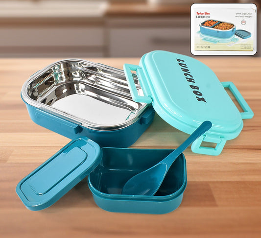 3 In 1 Spicy Bite Stainless Steel Lunch Box With Plastic Small Box  Spoon (1 Set)