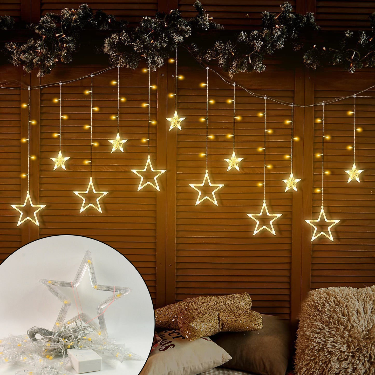 12 Stars Led Curtain String Lights With 8 Flashing Modes For Home Decoration (Warm White)