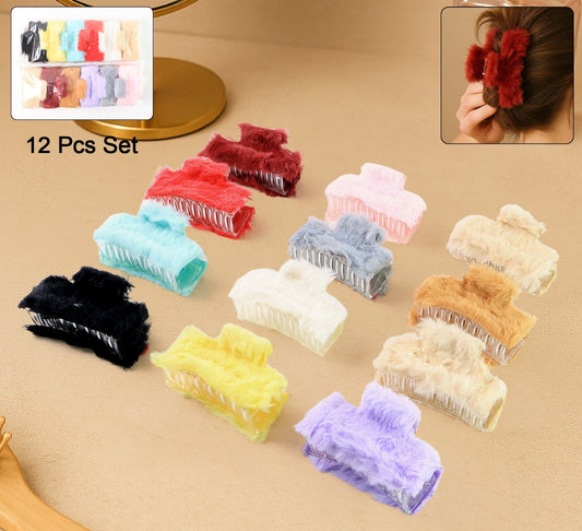 Soft Velvet Furry Hair Clutcher Clips Set (12 Pc)