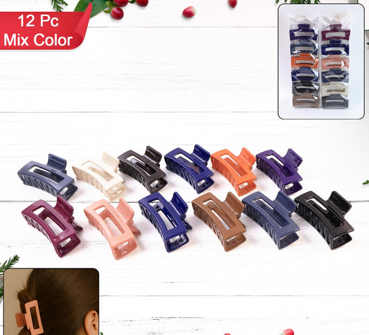Matte Finish Rectangle Hair Claw Clip For Women And Girls  - Pack  12 Pc