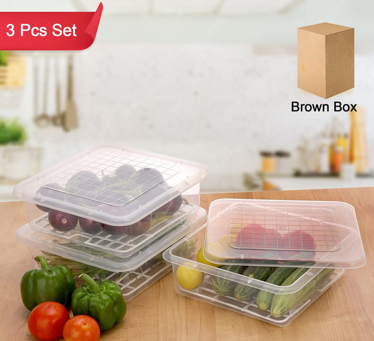 Plastic Food Storage Containers With Removable Drain Tray And Lid (3 Pcs Set)