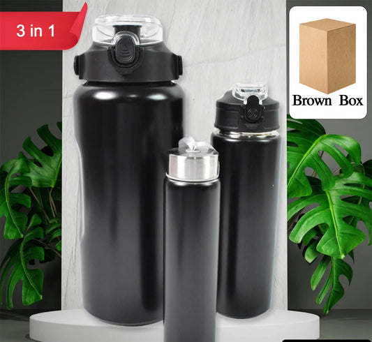 3 In 1 Stainless Steel Insulated Water Bottle Double Wall Vacuum (3 Pcs Set  Different Size)