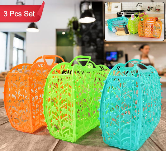 Plastic Foldable Basket Bag  Fruit  Vegetable Storage Basket (3 Pcs Set  Multicolor)